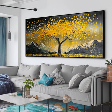 Golden Abstract Tree Canvas Art - Modern Mountain Landscape