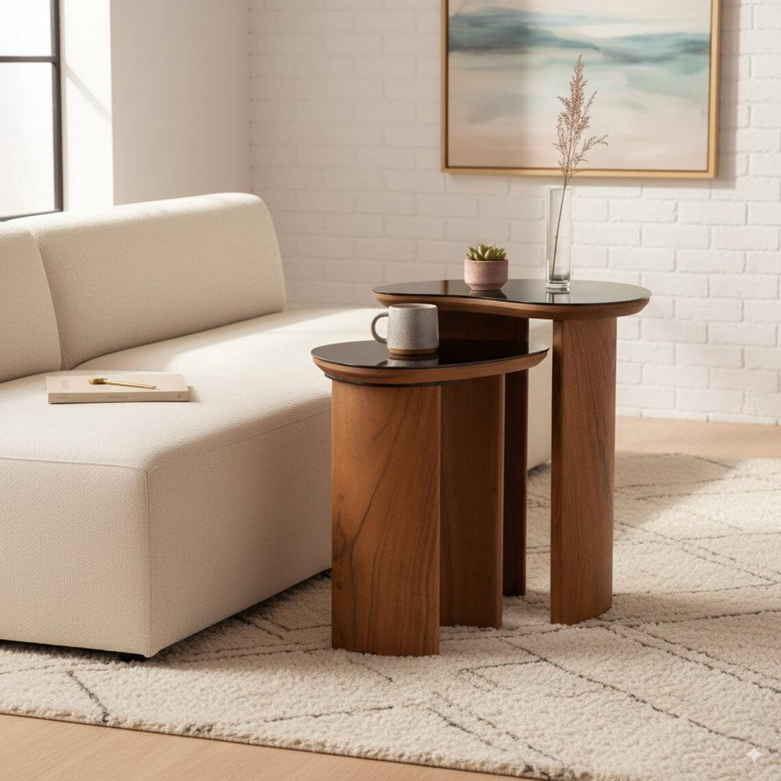 Acacia Wood & Steel Side Table Set – Modern Industrial End Tables for Stylish Living Spaces