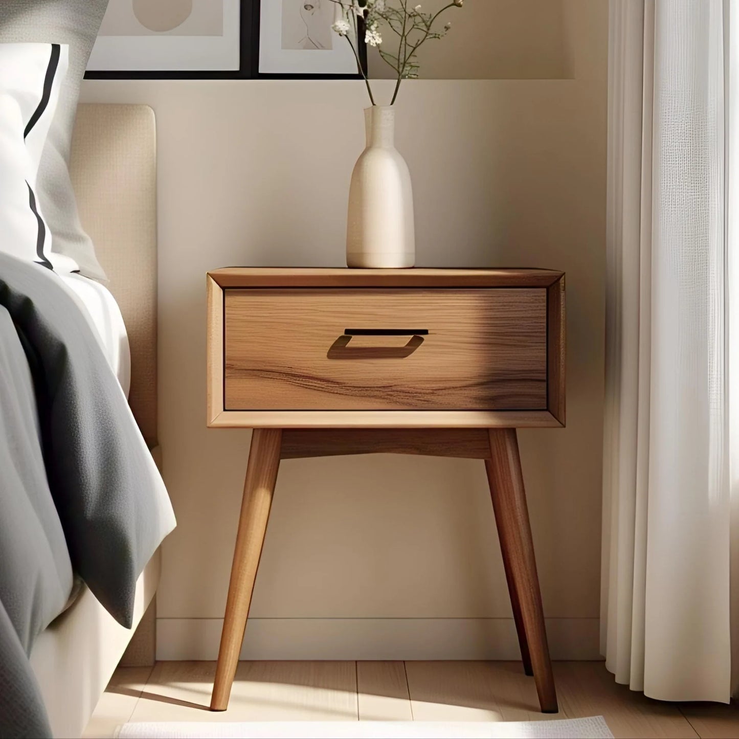 Mid-Century Modern Wood Nightstand – Elegant Bedside Table with Storage Drawer