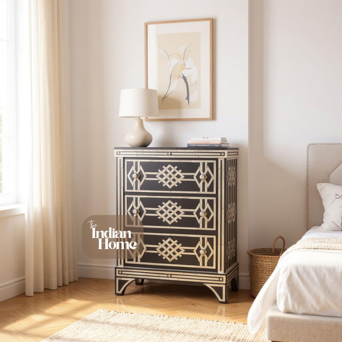 Bone Inlay Chest of Drawers – Black Geometric Sideboard & Dresser, Handmade Luxury Bone Inlay Furniture
