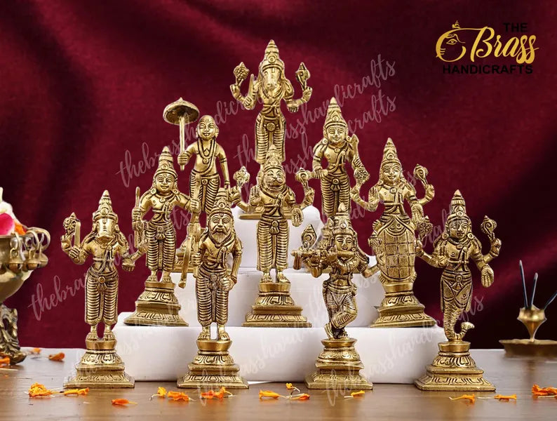 Brass Dashavatara Idols Set – Premium Dasavatharam Vishnu Statues for Spiritual Home Decor (Set of 10)