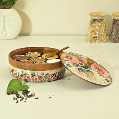 Brick Brown Pastel Flora Masala Box – 7-Bowl Wooden Spice Storage with Spoon