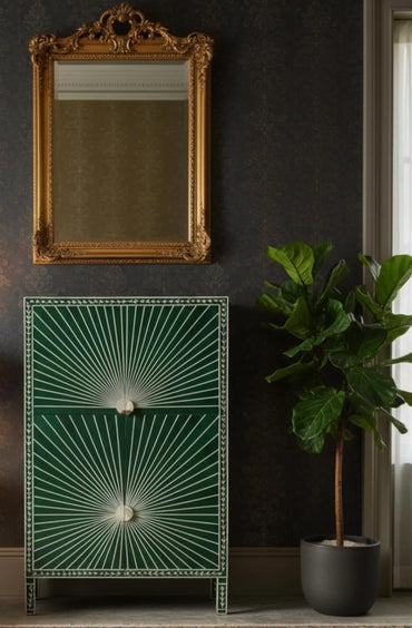 Emerald Green Resin Inlay Cabinet – Art Deco Sunburst Wooden Sideboard for Luxe Modern Interiors