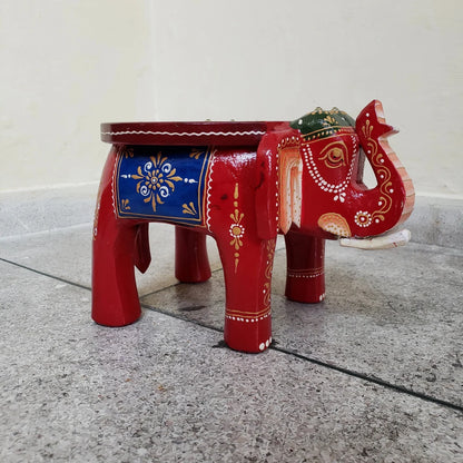 Hand-Carved Wooden Elephant Stool – Hand-Painted Decorative Plant Stand & Artistic Home Accent