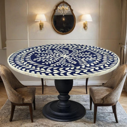 Handcrafted Bone Inlay Round Dining Table - Blue Floral Design