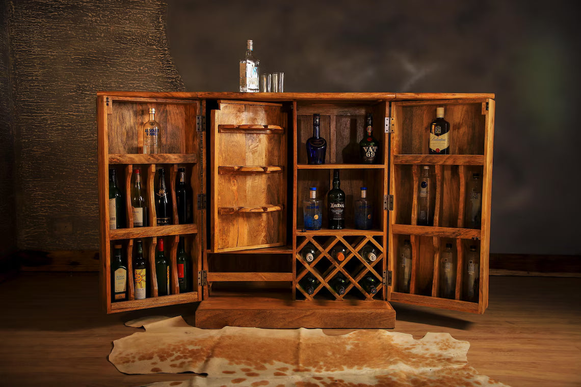 Handmade Solid Wood Bar Cabinet – Premium Home Liquor Storage & Bottle Organizer