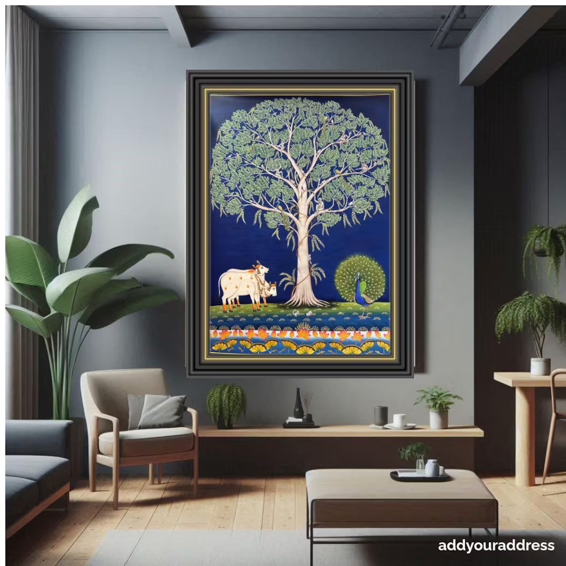 Peacock & Cow Gold Leaf Art Painting