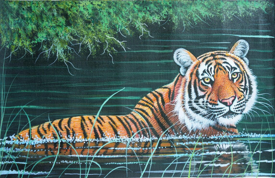 Tiger in Water Acrylic Painting - Luxury Wildlife Art