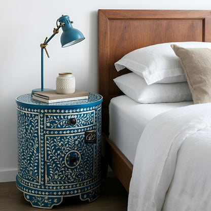 Turquoise Bone Inlay Side Table – Round Leaf Pattern Handmade End Table for Elegant Boho Decor