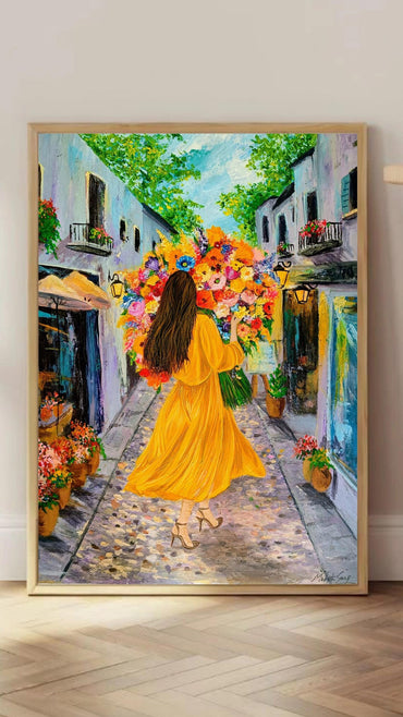 Original Acrylic Impressionist Art: Woman with Flowers