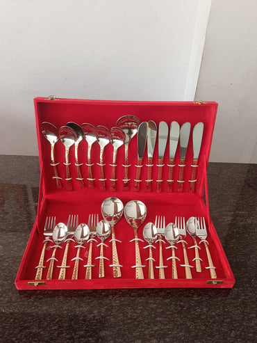 27-Piece Indian Steel & Copper Flatware Set – Handmade Luxury Dinnerware